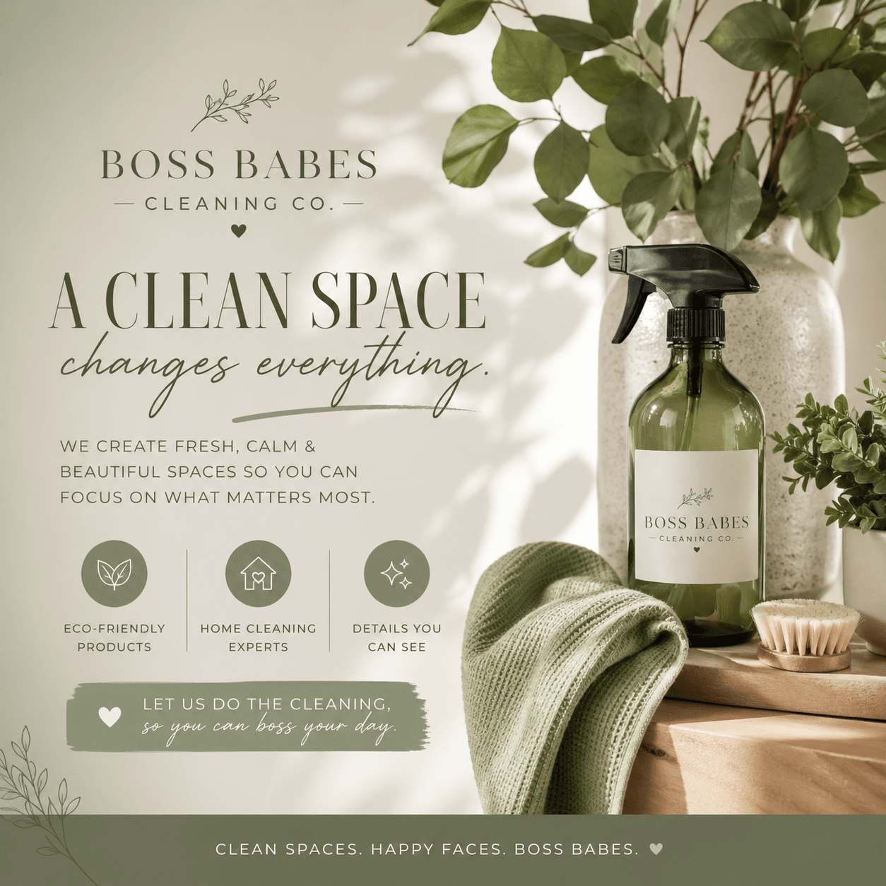 Boss Babes cleaning brand inspiration with eucalyptus and cleaning products