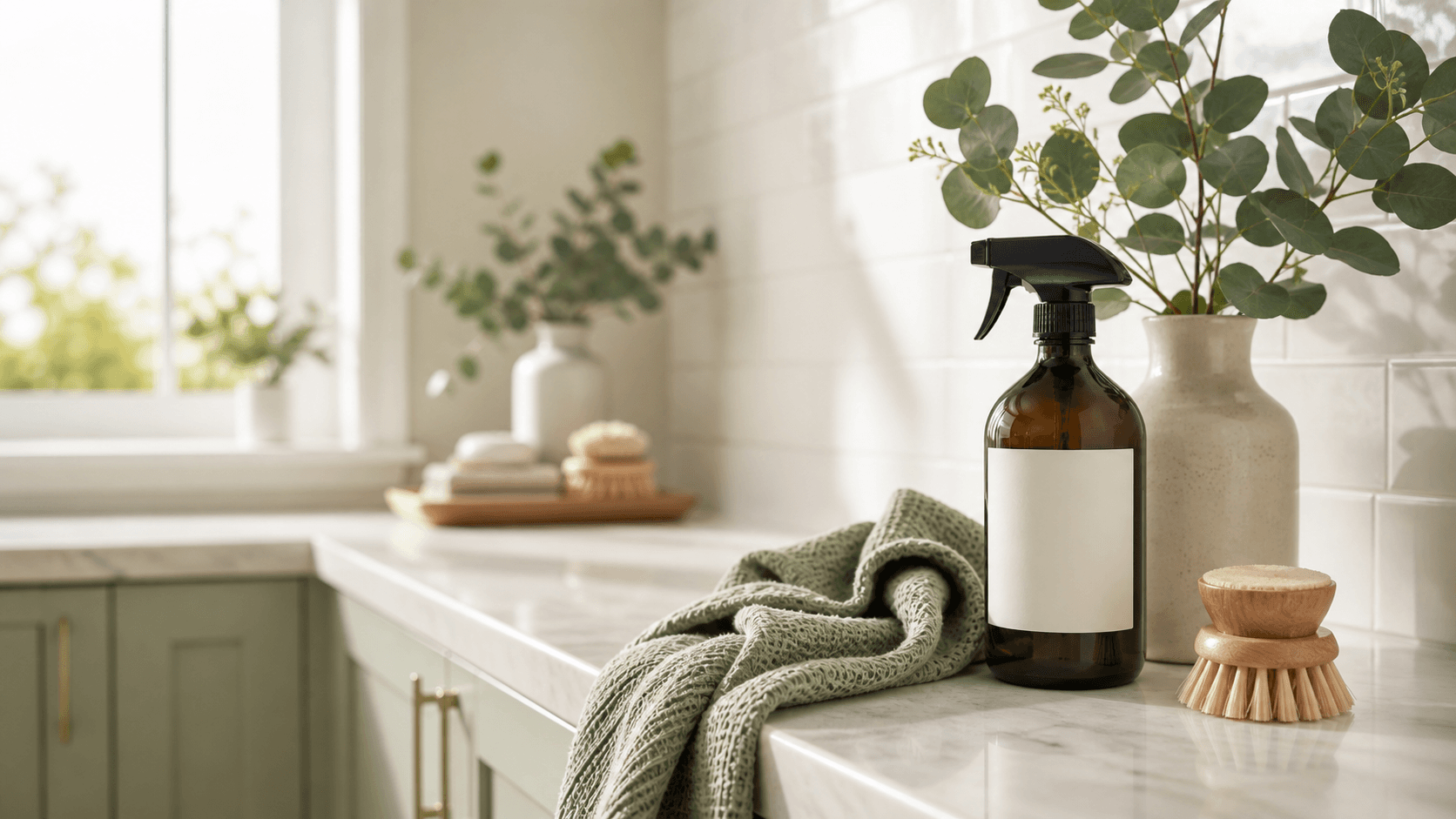 Luxury cleaning supplies with eucalyptus on a bright home counter